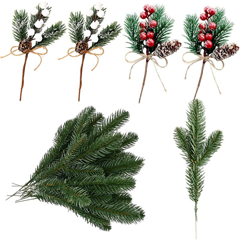 Frcolor 30pcs Artificial Pine Picks Christmas Pine Twig Pine Needles Pine Greenery Stems Xmas Ornaments for DIY Craft Winter Holiday Decorations, Size