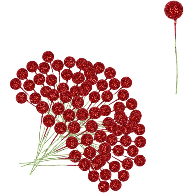 100Pcs Artificial Red Holly Berry Picks Stems Fake Winter