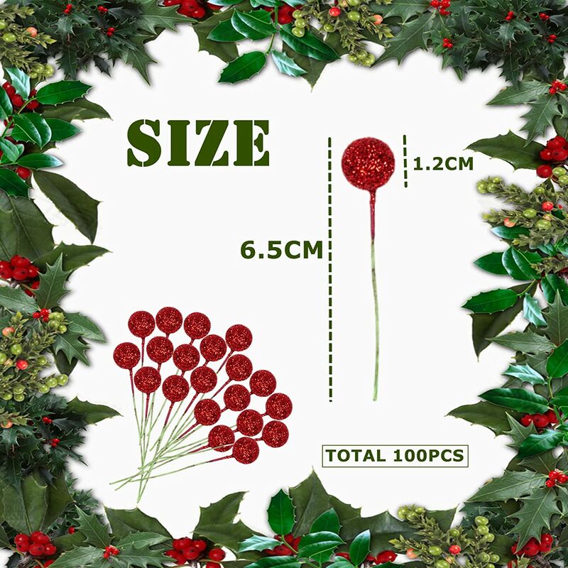 100pcs Christmas Artificial Gold Holly Berries,Glitter Berry Twig