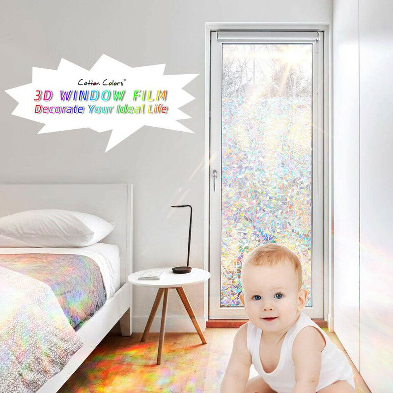 Privacy Window Film, 3D Rainbow Window Film Non-Adhesive, Removable Anti-UV Window Sticker Cover Heat Control for Home Office 39.4 inch x 15.7 inch