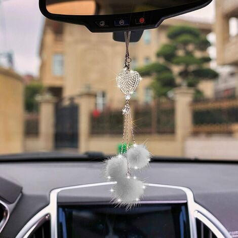 Sparkly Love Heart and Plush Ball Car Hanging Ornament Rear View Mirror  Accessories (White)