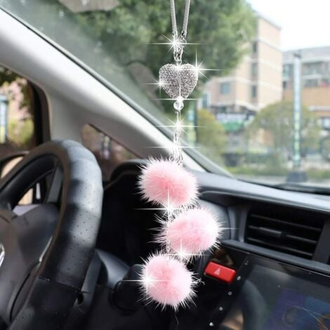 Sparkly Love Heart and Plush Ball Car Hanging Ornament Rear View Mirror  Accessories (Pink)