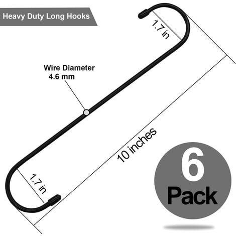 6 Pack 10 inch Black Heavy Duty Long S Hooks for Hanging Plant Extension  Hooks