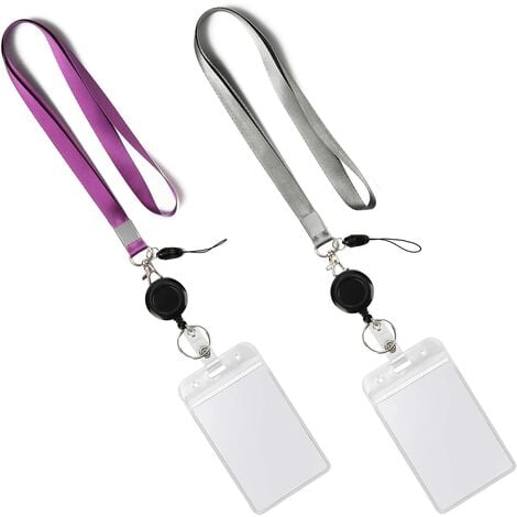 2 Pack Lanyards with ID Badge Holders, Lanyard Retractable Badge Reel,  Vertical (Grey, Purple)