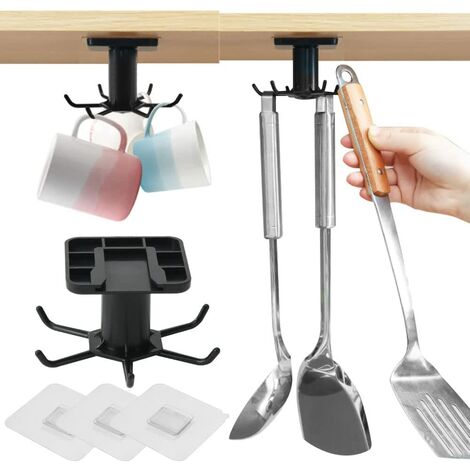 Kitchen Utensil Holder with 6 Hooks, Rotatable Adhesive Wall Hooks