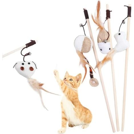 4 Pieces Feather Toys for Cats Toy Cat Stick Interactive Toy Set  Interactive Feather Stick Spring Wand Set Cats Toys Interactive Retractable  Fishing Rod Toy