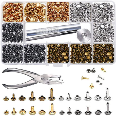 Leather Rivets Together 3 Double Rivet Sizes Metal Tubular Stud With 3  Pieces Fixing Tool And Punch Pliers For Diy Rivets Leather Crafts 4  (480pcs)