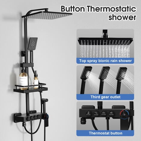 VINTEKY Duschsystem mit Thermostat Duscharmatur Regendusche Duschset Brausegarnitur Handbrause Schwarz