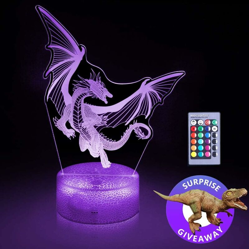 Luz nocturna de dragón 3D para niños, 16 colores/7 colores con control remoto/toque regulable, lámpara de ilusión 3D como regalo de cumpleaños para niños de 5 años 3 2 4 1 6 7 8 9 10 11 años (Dragón)