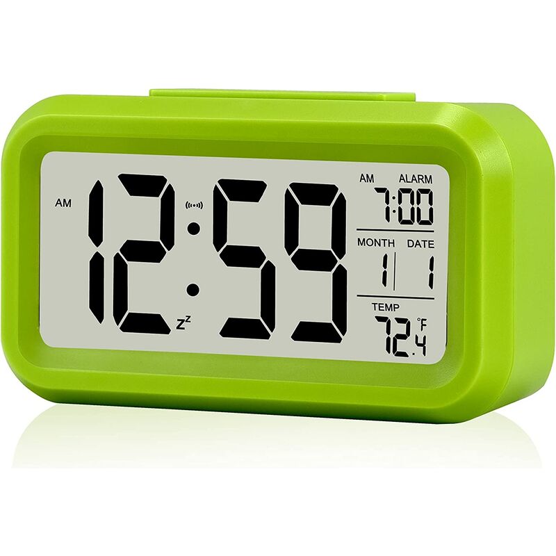 Reloj despertador digital para dormitorio, pequeños relojes de escritorio con batería con fecha, temperatura interior, luz nocturna inteligente, reloj electrónico LCD para niños, niñas y adolescentes, color verde