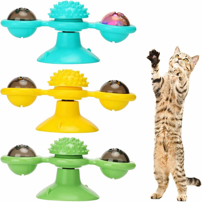 3 piezas Molino de viento Juguete para gatos Juguete interactivo para gatos Divertido tocadiscos Juguete giratorio portátil para gatos Rascarse Cosquillas Cepillo para el cabello con bola LED y bola de hierba gatera para masaje de aseo de gatos