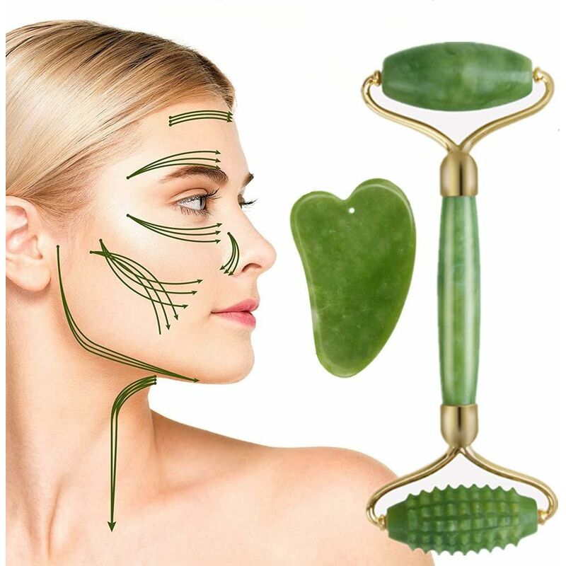 Rodillo de jade facial y juego de masaje raspador Gua Sha, rodillo de jade para masaje facial y antienvejecimiento natural, rodillo facial para tratamiento de hinchazón de ojos, estiramiento de la piel, masaje adelgazante corporal