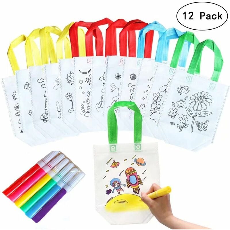 Bolsa para colorear, 12 bolsas para colorear con 6 bolígrafos para niños, bolsa de regalo de cumpleaños para niños, bolsos reutilizables