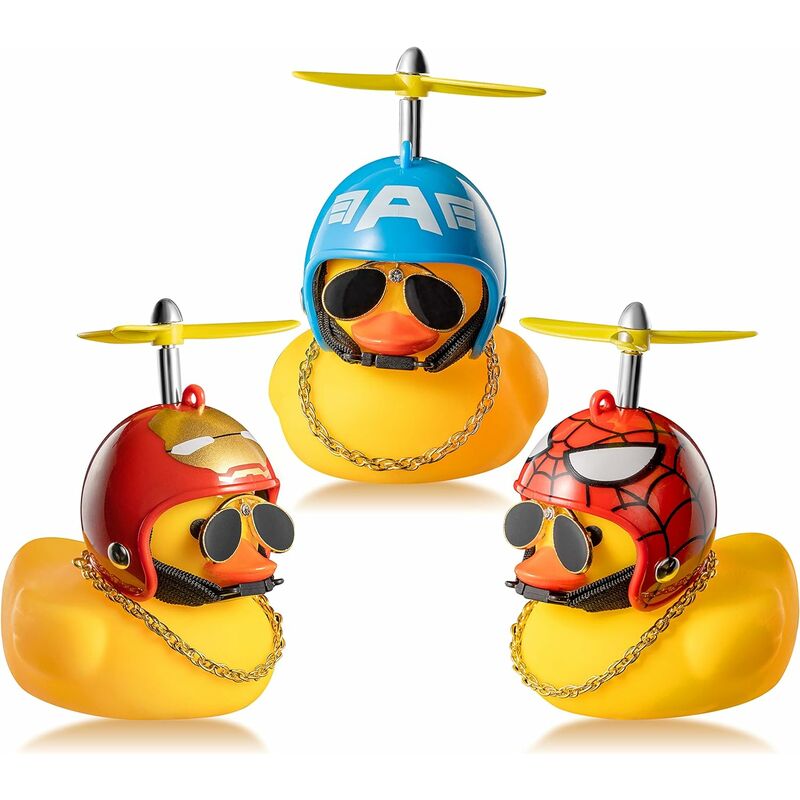 Juego de 3 juguetes de pato de goma, adornos para coche, casco, pato amarillo, juego de decoraciones para salpicadero de coche, serie de superhéroes de patos de goma