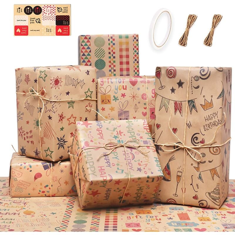 6 hojas de papel de regalo de cumpleaños reciclable con cinta adhesiva de doble cara y cuerda de paja de 10 m, marrón para hombres, niñas y niños (70 x 50 cm)