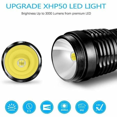 LED USB Rechargeable Ultra Puissante 3000 Lumens CREE XHP50 Lampe Torche, 5 Modes IP65 Étanche Militaire Zoomable pour Camping Randonnée(Pile Rechargeable Incluse)