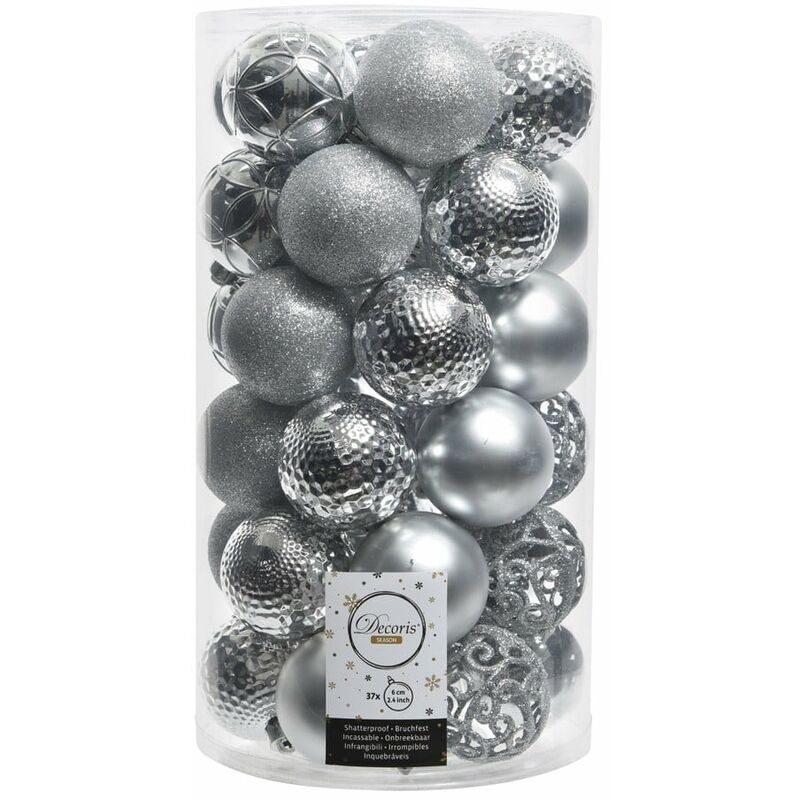 Tubo de 37 bolas plateadas decorativas para arbol de navidad ø6cm