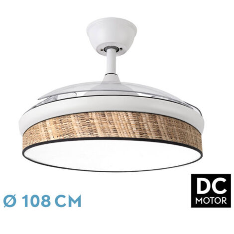 Ventilador de Techo LED Moda FABRILAMP Blanco/Cañizo Oscuro, 108 cm, 72W, 7200 lm, Motor DC, 3 Aspas Retráctiles y Mando (1/3)