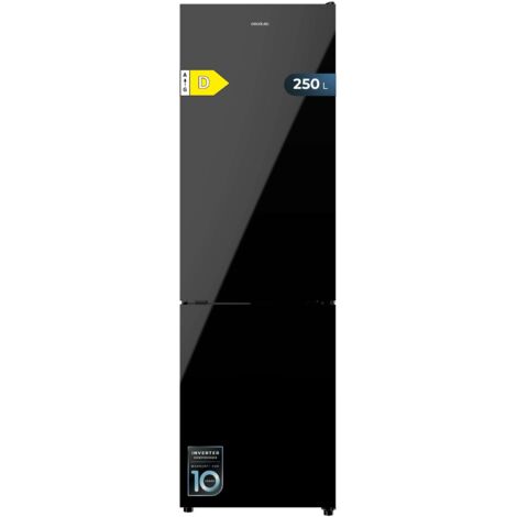 Cecotec Frigorífico Combi Bolero CoolMarket Combi 250 Black Glass D. Compresor Inverter Plus, Cristal Negro 180X55Cm, 250L, No Frost, Clase D, Multi Air Flow, Fast Cooling Y Cajón Humidity Box