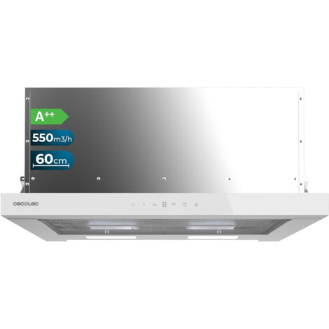 Cecotec Campana Extractora Telescópica de 60cm Flux TLT 605500 Glass White A++. Motor 70W, Bajo Consumo, Frontal Vidrio Blanco, Potencia Succión 550m3/h, Control Táctil y Gestos, Filtro de Carbono