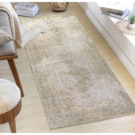 SURYA Tapis de Couloir Vintage Lavable en Machine Vert/Brun 80x220 cm