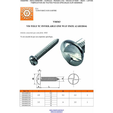 Vis tôle tête cylindrique (TC) - inviolable ONE WAY - inox A2 - DIN 7981