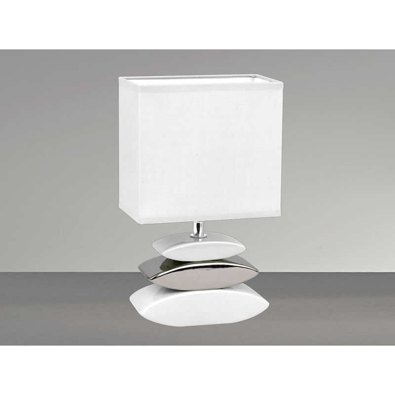 Kleine Tischlampe LINER Weiß mit Keramikfuß in Steinoptik & Stoffschirm  eckig