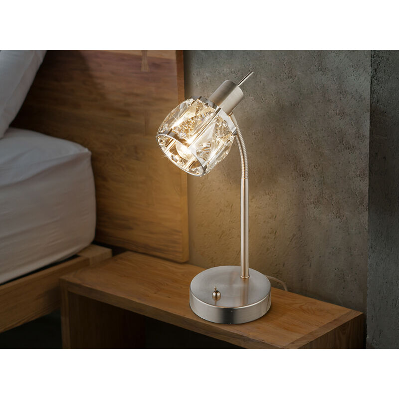 LED Tischleuchte mit Glaskristallen und Flexarm Silber matt, Höhe 28cm | Tischlampen