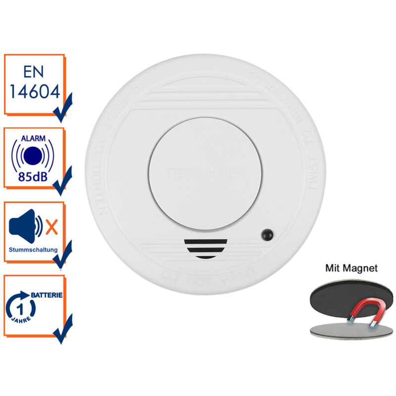 Rauchmelder mit 1 Jahres Batterie - Stummschaltfunktion + Magnethalter