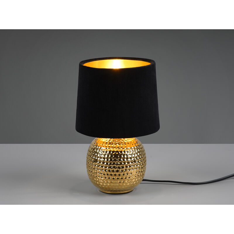 LED Tischleuchte mit Keramikfuß & Samtschirm Schwarz - Gold, Höhe 26cm | Tischlampen