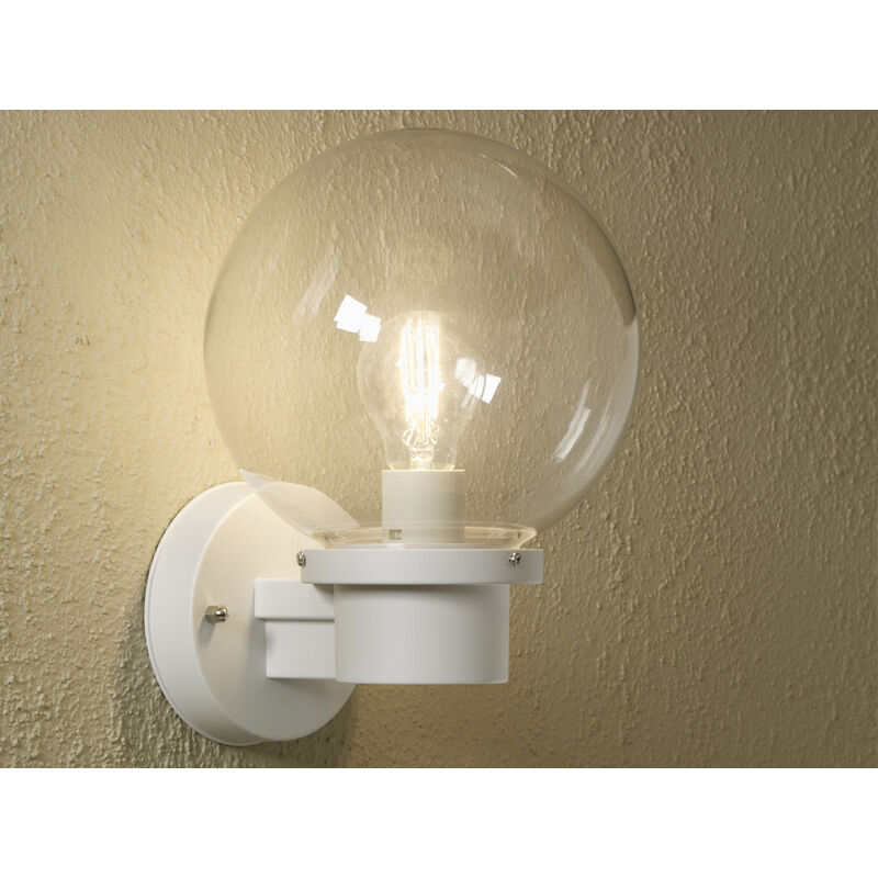 LED Außenwandleuchte mit Dämmerungssensor, Weiß mit Glas Kugel Ø 20cm