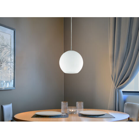 Trio – Hängelampe Pendelleuchte 30cm – Glas Kugel – Höhe 150cm – Matt Nickel – E27 Fassung – 60W Maximal – Für Wohnräume (1/5)