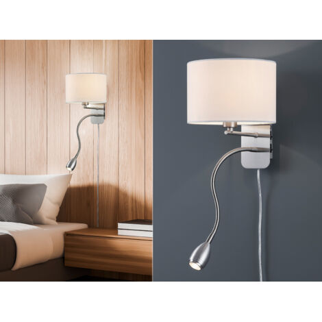 Wandlampe HOTEL mit Leselampe, Schalter & Stecker, Stoffschirm Weiß, Höhe 23,5cm (1/6)