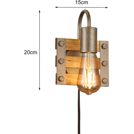 Rustikale Wandleuchte KHAN mit Holz, Schalter und Stecker, Höhe 20cm