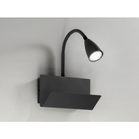 Flexible USB Leselampe GULP Schwarz, Wandleuchte mit Ablage & Ladefunktion