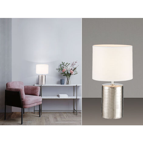 LED Tischlampe mit Keramikfuß Silber Antik & Stoffschirm Leinen Weiß, Höhe 35cm (1/5)