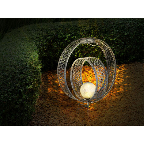 LED Solarleuchte mit Dekorstanzungen in Silber & Crackle Glaskugel, Höhe 42cm