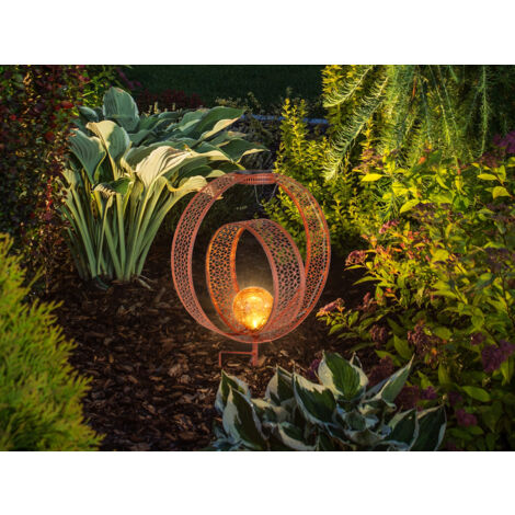LED Solarleuchte mit Dekorstanzungen in Rostoptik & Crackle Kugel, Höhe 42cm