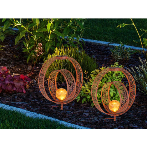 2er Set LED Solarleuchten Dekorstanzungen in Rostoptik & Glaskugel, H 42cm