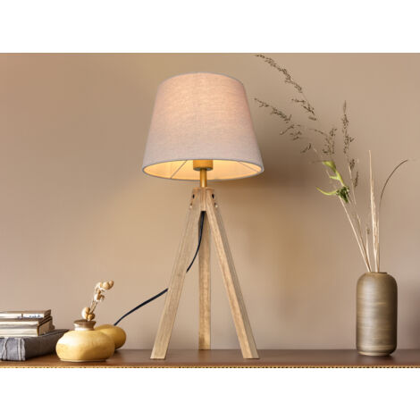 Große Tischlampe mit Dreibein aus Holz, Stoffschirm Creme Weiß, Höhe 55cm