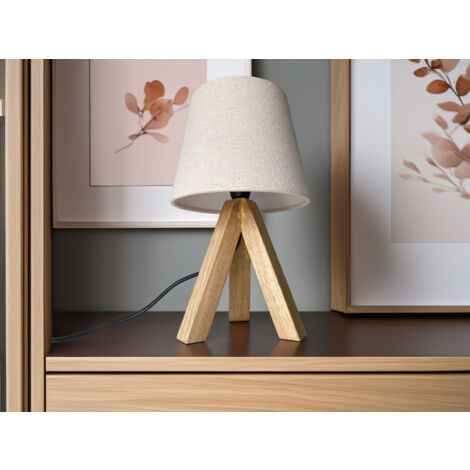 Tischlampe mit Dreibein aus Holz, Stoffschirm Creme Weiß, Höhe 27cm