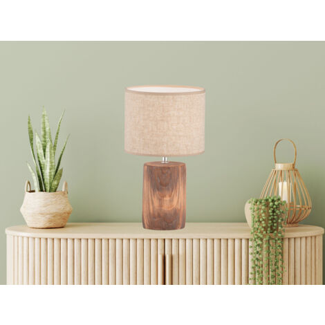LED Tischlampe mit Leinenschirm Beige & Betonfuß Holzoptik, Höhe 43cm (1/4)