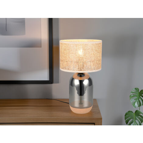 Große Tischleuchte TARA mit Rattanschirm, Kork und Glasfuß, Höhe 43cm (1/5)