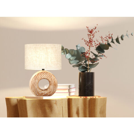 Tischleuchte Beistelllampe Nachttischlampe Tischlampe Beige Keramik Holzfarbe