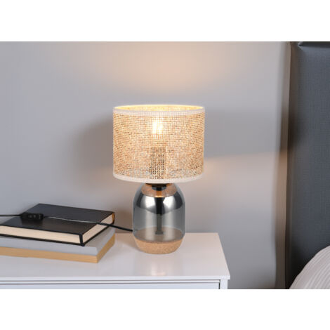 LED Tischleuchte mit Rattanschirm, Kork und Glasfuß, Höhe 32cm (1/5)