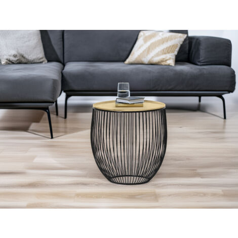 Beistelltisch RINA Korbtisch Metall Schwarz und Tischplatte Gold, Höhe 42cm