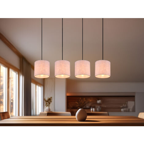 LED Pendelleuchte mit Stoffschirmen Beige & Naturholz Baldachin, Breite 100cm