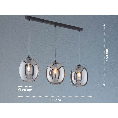 VARUS Pendelleuchte 3-flammig Mit Rauchfarbenen Glaskugeln – Chrom, Ø 51 Cm, Pendellänge 120 Cm, Für E27 Leuchtmittel