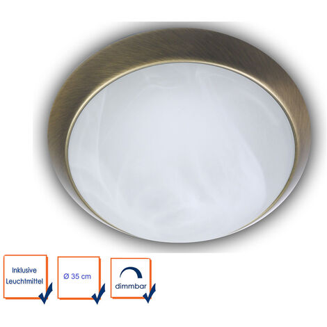 LED Deckenleuchte Rund, Ø 30 Cm, Alabaster Glas Mit Altmessing-Ring - Dimmbare Dielenleuchte Mit E27 Fassung