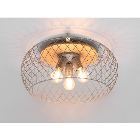 LED Deckenleuchte mit Holz & Gitter Lampenschirm in Silber Ø 50cm